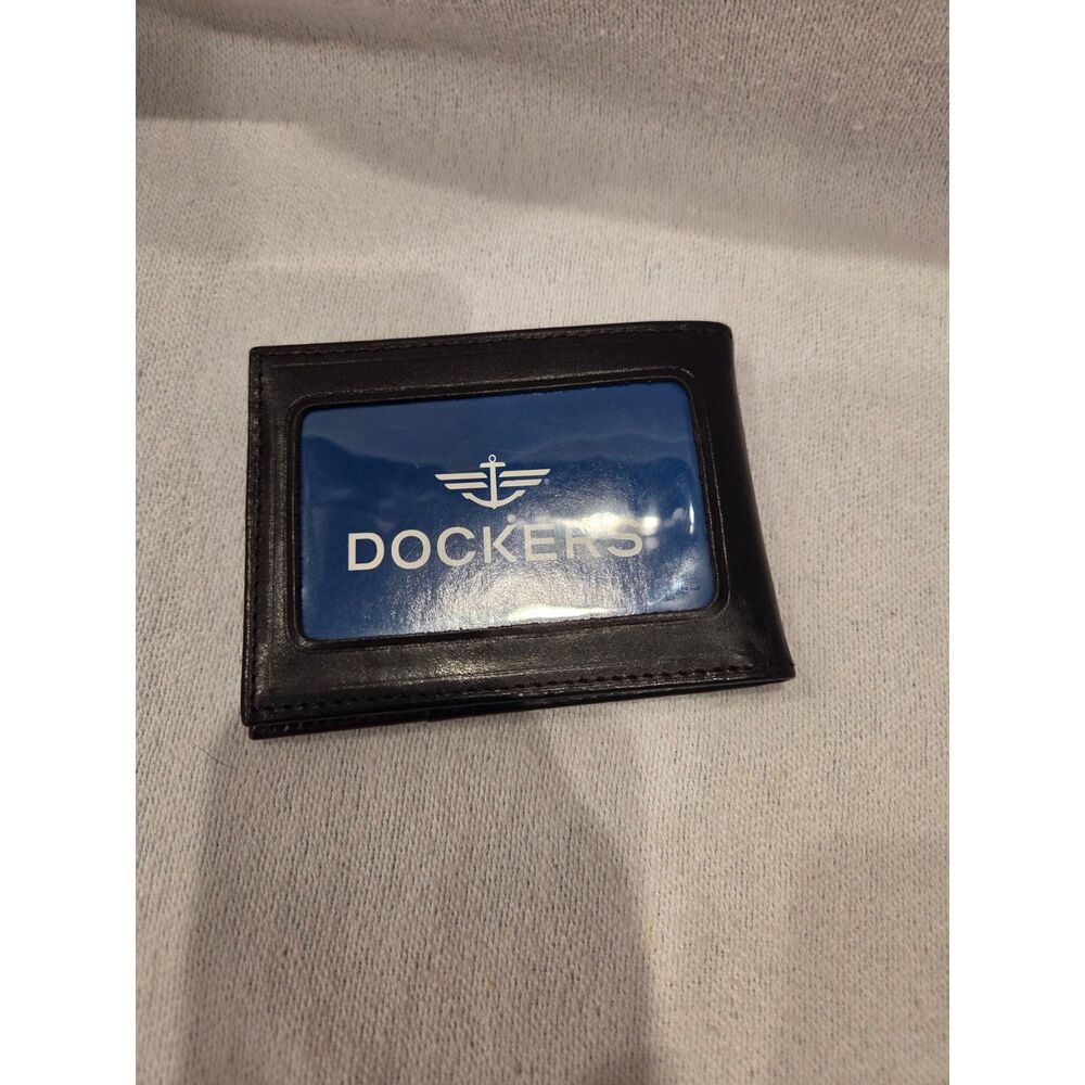 Dockers Men's Black/Deep Brown Leather Bifold Wallet w ID Window Excellent